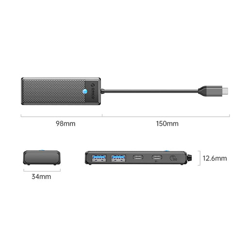 ORICO PW Series 4-Port USB3.0 Hub | Type-C | USB-A3.0 x 2 (5GBPS Sharing) | USB-C3.0 x 1 (5GBPS) | USB-C x 1 (PD100W) | 15cm | Black-1