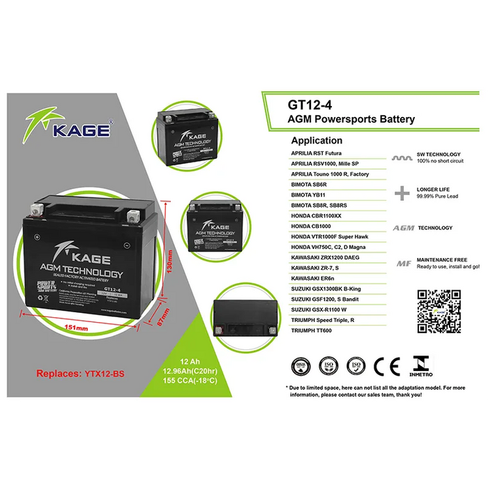 Kage Sealed Battery GT12-4  Maintenance Free Series
