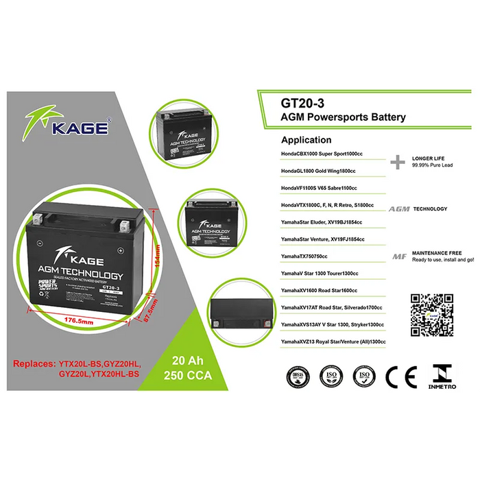 Kage Sealed Battery GT20-3  Maintenance Free Series