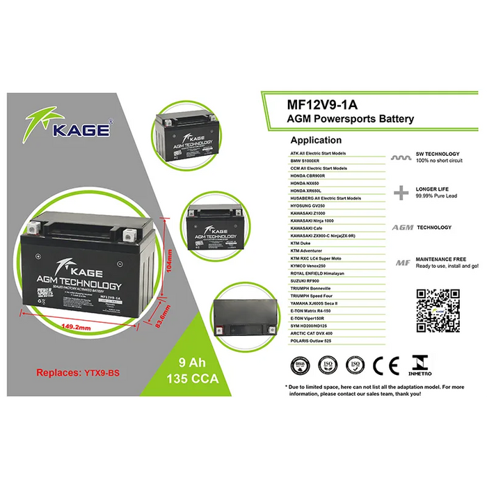 Kage Sealed Battery MF12V9-1A  Maintenance Free Series