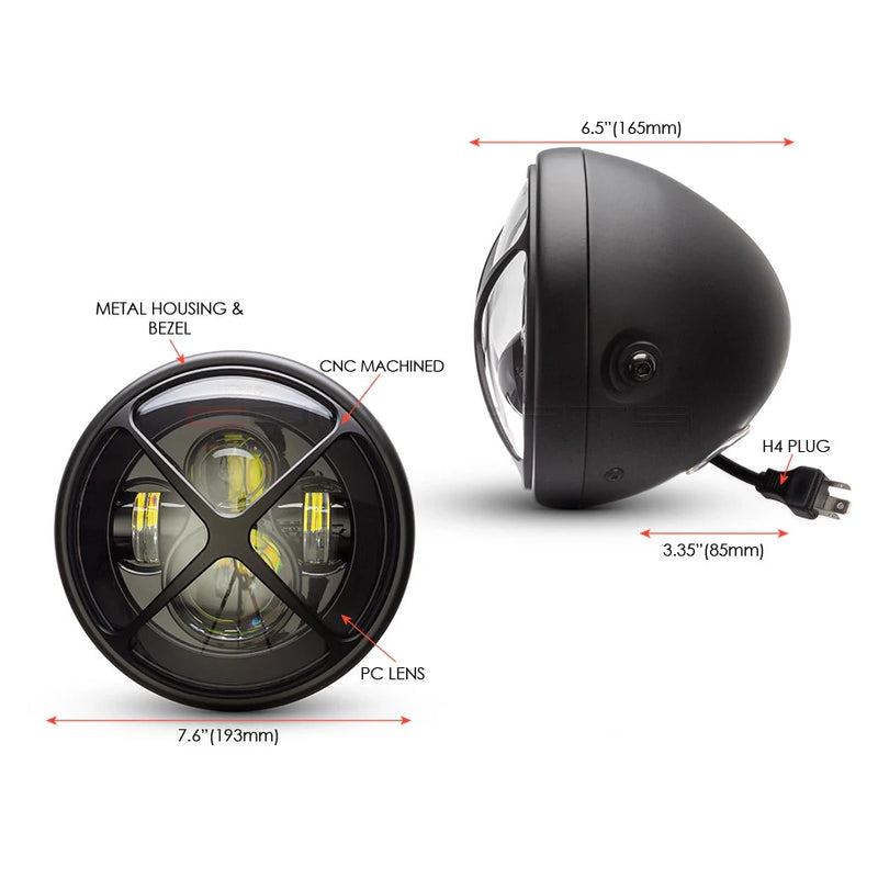 Max-Inc 7.7" Matt Black + Multi Projector LED Headlight + Black Cross Cover