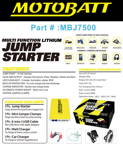 Mbj Motobatt Jump Starter Pack MBJ-7500B — Maxinc