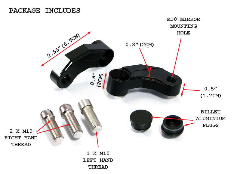 Black CNC Machined Billet Aluminium Mirror Risers / Extenders - 2 x RH M10 Thread